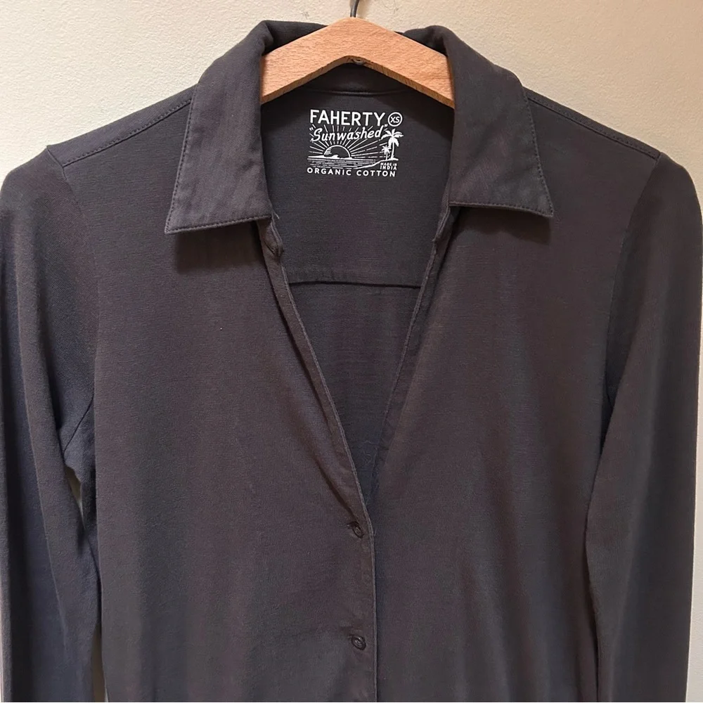 Faherty ~ Organic Sunwashed Gray Cotton Button Front Drawstring Polo Dress- XS
